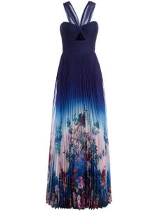 Marchesa Notte robe longue plissée à fleurs - Bleu