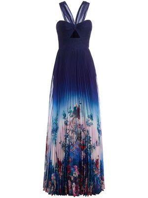 Marchesa Notte robe longue plissée à fleurs - Bleu
