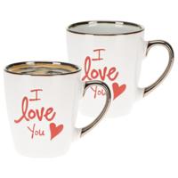 Siaki Koffiemok / theemok I Love You - 2x - wit/goud - 300 ml - mokken - aardewerk - valentijnsdag