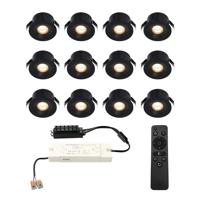 Set van 12 Cadiz LED Mini Inbouwspots met Trafo - 12 Volt 3 Watt 200 lumen - Dimbaar - Plat 26mm (Lage inbouwdiepte) - 2700K - IP44 waterdicht - Zwart - Veranda spotjes - overkapping spotjes