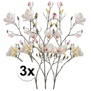 Kunstbloem Magnolia tak - 3x - 105 cm - creme wit/roze - Kunst zijdebloemen