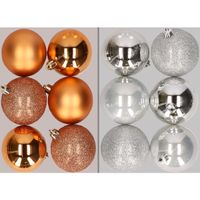 12x stuks kunststof kerstballen mix van koper en zilver 8 cm   -