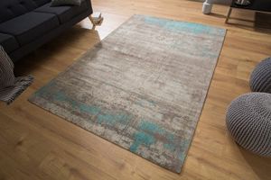 Vintage katoenen tapijt MODERN ART 240x160cm greige turquoise gewassen used look - 38762