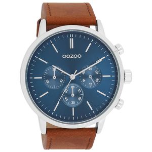 OOZOO C11200 Horloge Timepieces staal-leder zilverkleurig-bruin-blauw 50 mm