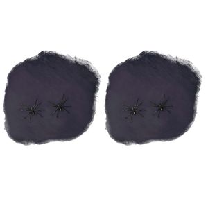 Decoratie spinnenweb/spinrag met spinnen - 4x - 60 gram - zwart - Halloween/horror versiering