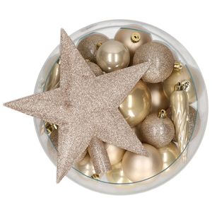 Bellatio Decorations set 33x stuks kunststof kerstballen met ster piek champagne - Kerstbal