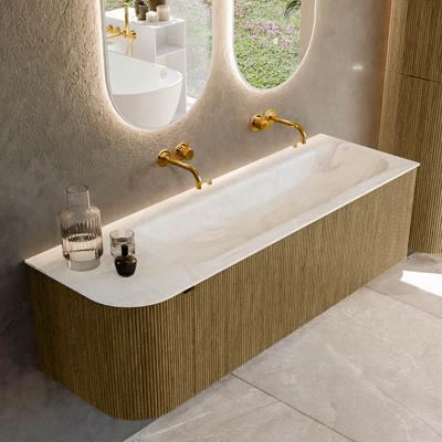 Badmeubel Mondiaz Kurve-Dlux | 145 cm cm | Meubelkleur Dusk | Wastafelkleur Ostra | Solid surface | Wasbak rechter zijde spoelbak | Zonder kraangat(en)
