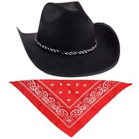 Zwarte carnaval verkleed cowboyhoed met rode hals zakdoek - thumbnail