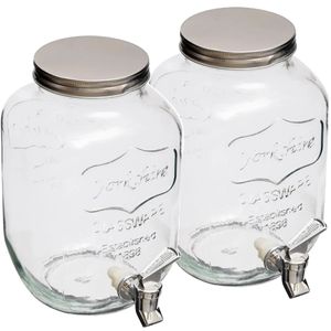 2x stuks - glazen drank dispenser 4 liter - met kunststof kraantje en schroefdeksel