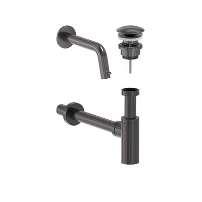 Fonteinkraan Combiset MAY Stilo Wandmodel Fonteinkraan, Designplug Always Open & Designsifon Geborsteld Carbon Black PVD