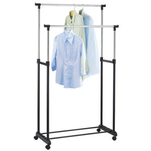 Mobiel kledingrek dubbele stang - zwart/chroom - verstelbaar 100 tot 170 cm - met wielen