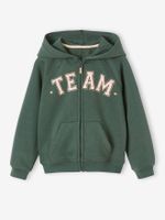 Sportsweater met rits en capuchon met "Team" motief meisjes groen - thumbnail