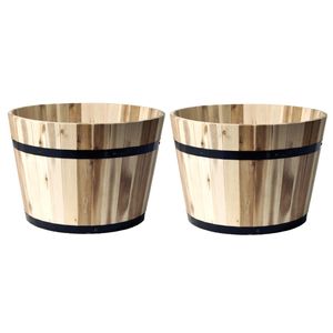 Plantenbak/bloempot - 2x - Half Barrel - acacia hout - D46 x H32 cm