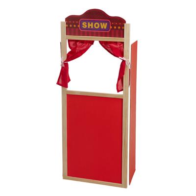 Speelgoed poppenkast - hout - poppen theater - rood - met gordijnen - 91 x 40 cm