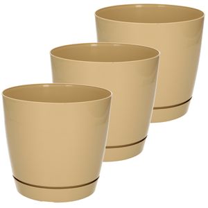 Set van 3x stuks plantenpotten/bloempotten kunststof glanzend bruin/beige dia 15.5 x hoogte 14 cm