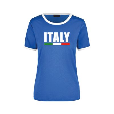 Italy supporter blauw / wit ringer t-shirt Italie met vlag voor dames Italy supporter blauw / wit ringer t-shirt Italie met vlag voor dames