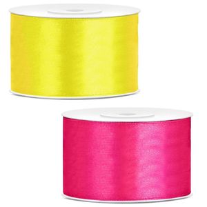 Sierlinten/cadeaulinten/satijnen linten - Set 2x stuks - geel en fuchsia roze - 38 mm x 25 meter