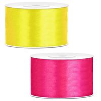 Sierlinten/cadeaulinten/satijnen linten - Set 2x stuks - geel en fuchsia roze - 38 mm x 25 meter