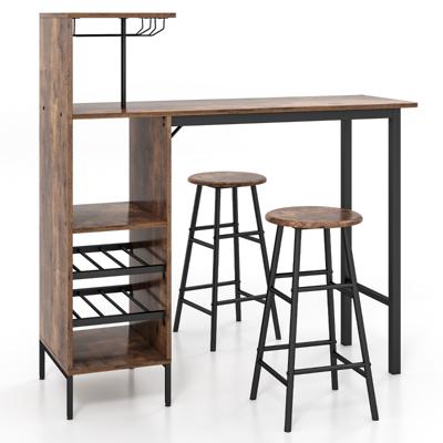 Bartafel met 2 Krukken Pubtafel en Kruk met Wijnrek voor 6 Flessen Eettafel en Stoelen Bistrotafel voor Woonkamer/Keuken Bruin/Grijs/Naturel
