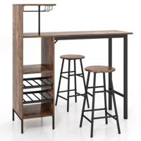 Bartafel met 2 Krukken Pubtafel en Kruk met Wijnrek voor 6 Flessen Eettafel en Stoelen Bistrotafel voor Woonkamer/Keuken Bruin/Grijs/Naturel