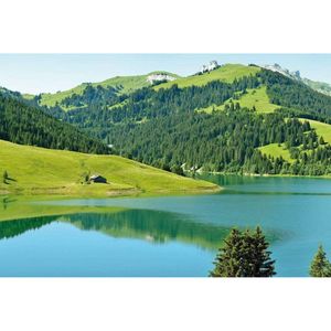 Fotobehang - Swiss Mountain Lake Launensee Gstaad 384x260cm - Vliesbehang