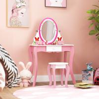 Make-Up Kaptafelset voor Kinderen 360° Draaibare Spiegel Whiteboard 4 Gekleurde Stiften 1 Lade Wit en Roze