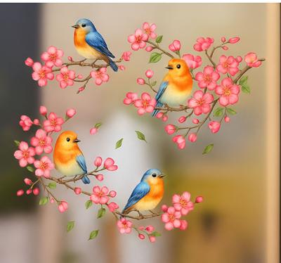 Roze bloemen en vogels raamsticker