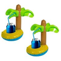 Opblaasbare drankhouder palmboom - 2x - 22 cm - blikjeshouder - zwembad - hawaii