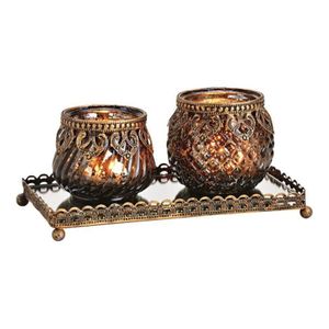 Glazen design windlicht/kaarsenhouder 2x stuks set in het zwart goud 20 x 9 x 10 cm