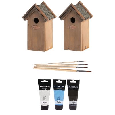 2x Houten vogelhuisje/nestkastje 22 cm - zwart/wit/lichtblauw DHZ schilderen pakket