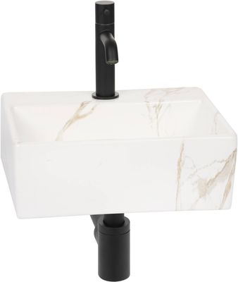 Saqu Basin fonteinset met mat zwarte kraan marmerlook