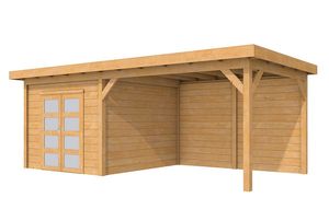 Woodvision Douglas Tuinhuis Topvision Roek Blank 303x303 cm + luifel 400 cm- Plat dak- Onbehandeld lariks Douglas hout- Woodvision