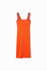 Geribde slim fit jurk met bandjes - ORANGE - S