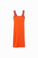 Geribde slim fit jurk met bandjes - ORANGE - S