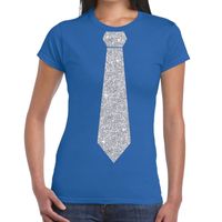 Blauw fun t-shirt met stropdas in glitter zilver dames