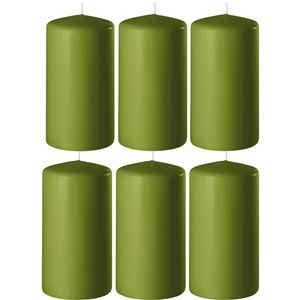 8x Olijf groene cilinderkaarsen/stompkaarsen 6 x 15 cm 58 branduren