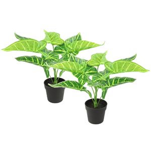 Kunstplant Alocasia in bloempot - 2x - Groen - 15 x 32 cm