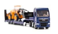Siku MAN Vrachtwagen met dieplader en JCB-shovel 1:87 metaal/kunststof blauw/geel opklapbare oprijplaat beweegbare arm - thumbnail