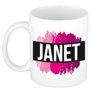 Naam cadeau mok / beker Janet met roze verfstrepen 300 ml