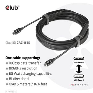 CLUB3D USB 3.2 Gen2 Type C naar C Actieve Bi-directionele Kabel 8K60Hz (alt modus) M/M 5m/16.4ft