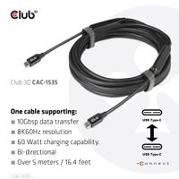 CLUB3D USB 3.2 Gen2 Type C naar C Actieve Bi-directionele Kabel 8K60Hz (alt modus) M/M 5m/16.4ft - thumbnail