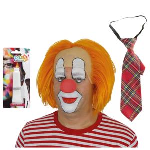 Carnaval verkleed Clown Bassie - pruik oranje - schmink wit - rode neus - stropdas