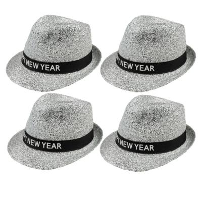 Boland Trilby hoedje NYE - 4x - zilver glitters - happy new year - oud en nieuw