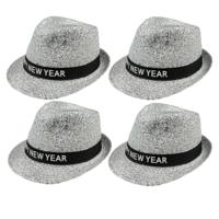 Boland Trilby hoedje NYE - 4x - zilver glitters - happy new year - oud en nieuw