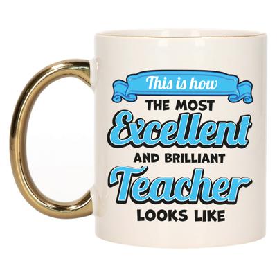 Cadeau koffie/thee mok - excellent leraar/mentor - goud/blauw - keramiek - 300 ml