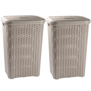 2x stuks grote rotan wasmand met deksel van 60 liter in het taupe - Wasmanden