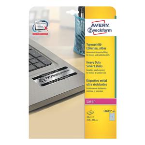 Avery-Zweckform L6013-20 Etiketten voor typeplaatjes 210 x 297 mm Polyester folie Zilver 20 stuk(s) Permanent hechtend Laser (zwart/wit), Kopiëren (zwart/wit),