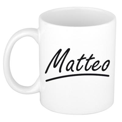 Matteo Naam koffiemok - beker - met sierlijke letters - wit - 300 ml - Cadeau - Heren