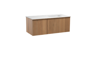 Balmani Forma zwevend badmeubel 120 x 55 cm teakhout met Tablo Arcato asymmetrisch rechtse wastafel in solid surface mat wit, Verticale symmetrische rechte ribbel