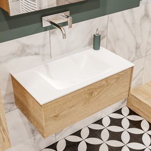 Mondiaz Lush Cloud badmeubel eiken licht 80 cm 1 lade solid surface enkele spoelbak midden zonder kraangat